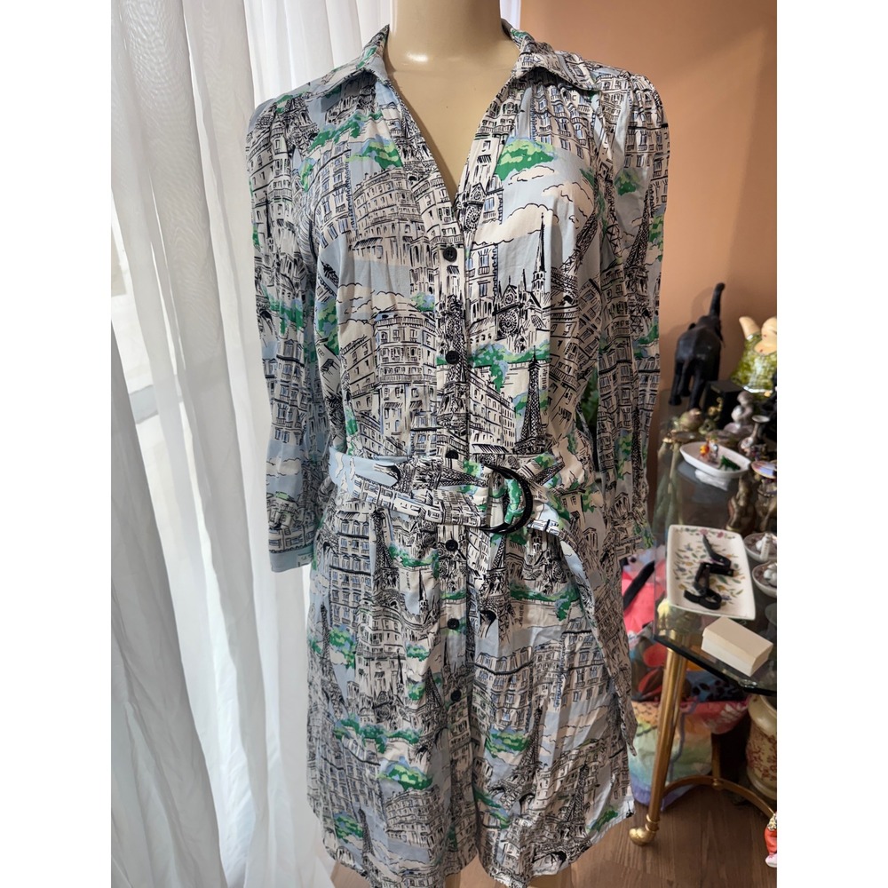 Karl Lagerfeld Paris Eiffel Tower City Print Belted Shirt Dress Blue Green 6
